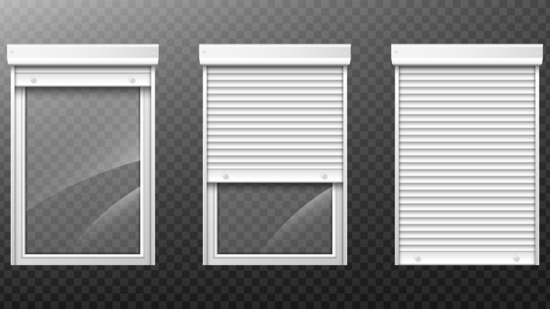 Window with roller shutter up and close. Plastic pvc casement blinds. Opened and shut front view. Home facade design elements isolated on transparent background realistic 3d vector illustration